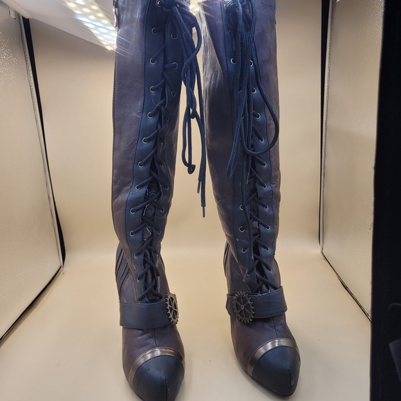 Ellie brown 4" Heels womens Steampunk knee boots Size 8 Grunge Goth Zip And Tie - Picture 3 of 15